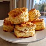 A stack of golden brown, flaky Fluffy Buttermilk Biscuits piled on a white plate.