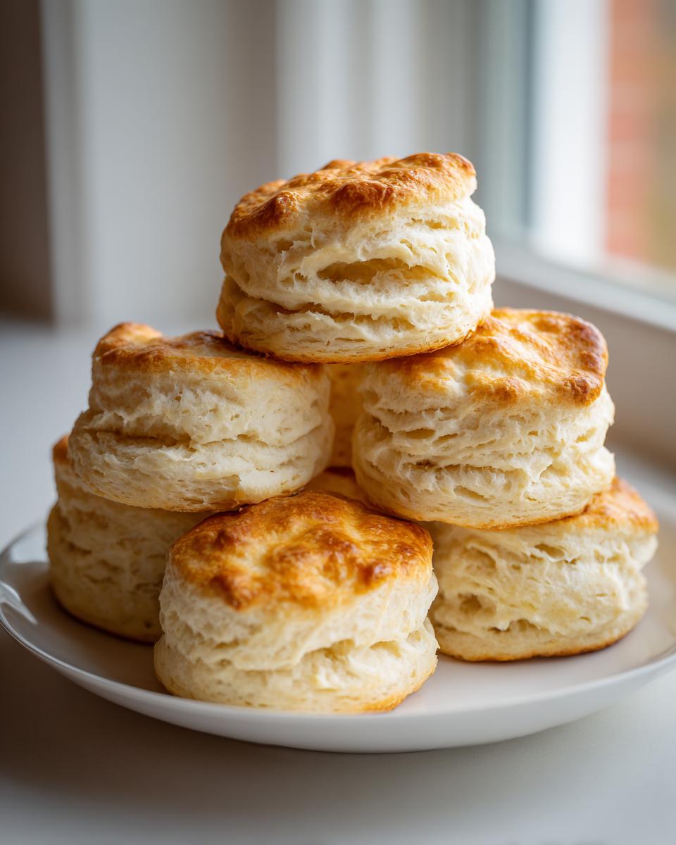 A stack of six golden-brown, flaky Fluffy Buttermilk Biscuits piled high on a white plate near a window.