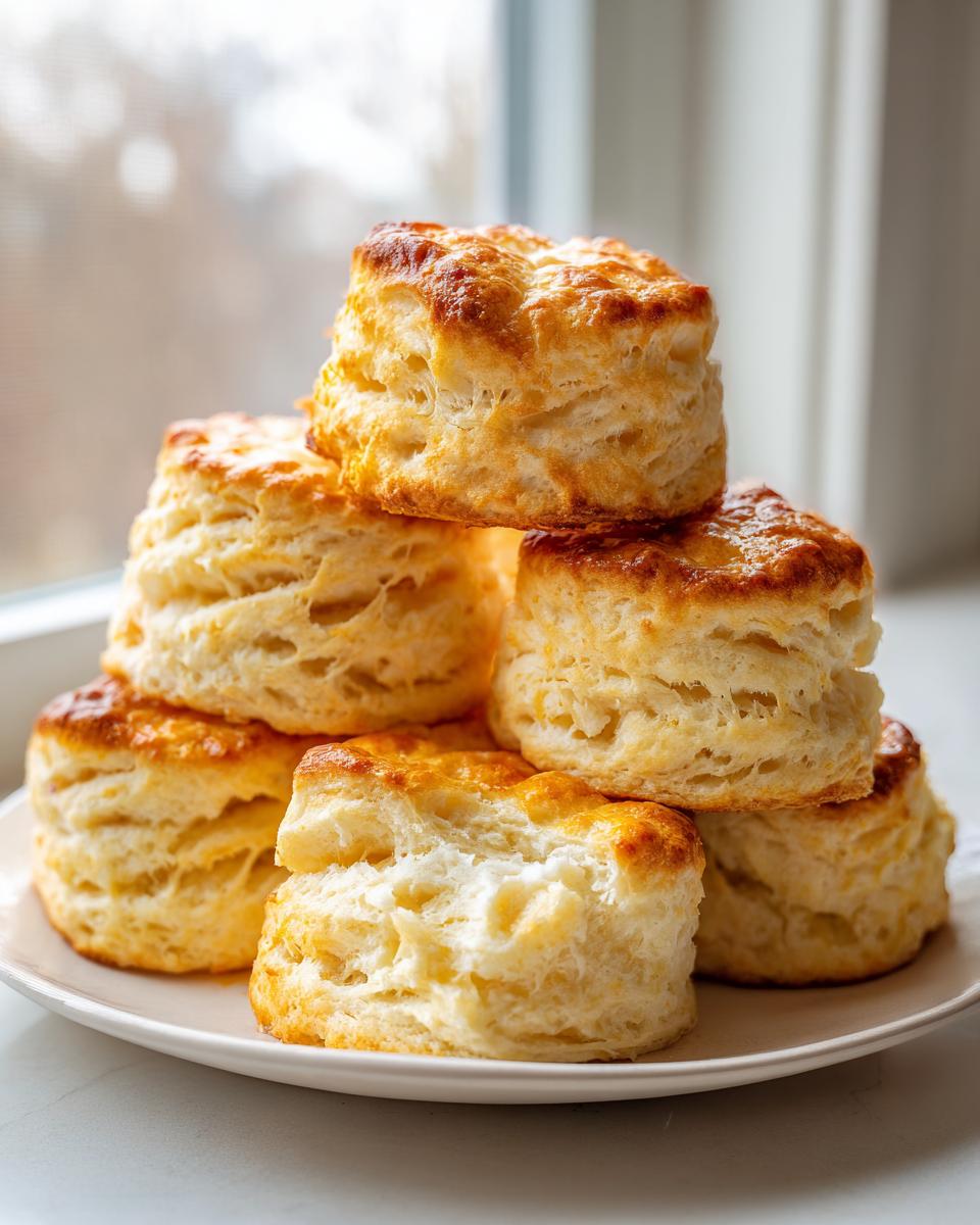 A stack of six golden-brown, layered Fluffy Buttermilk Biscuits piled high on a white plate near a window.