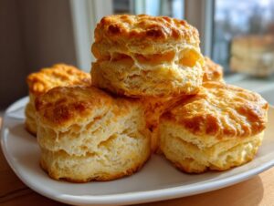 A close-up stack of golden brown, layered Fluffy Buttermilk Biscuits on a white plate.