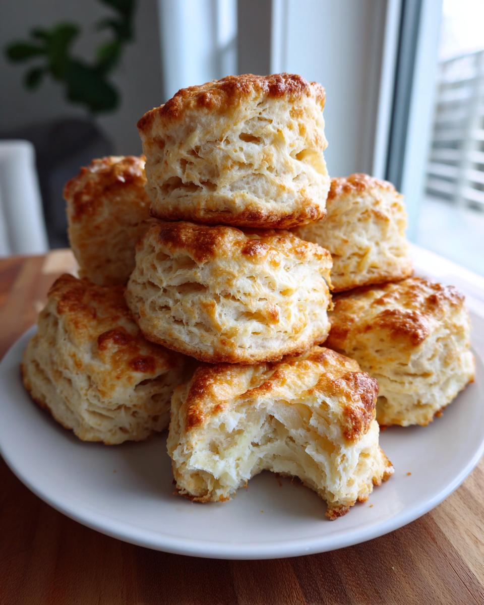 A stack of golden-brown Fluffy Buttermilk Biscuits on a white plate, with one biscuit having a bite taken out showing the flaky interior.