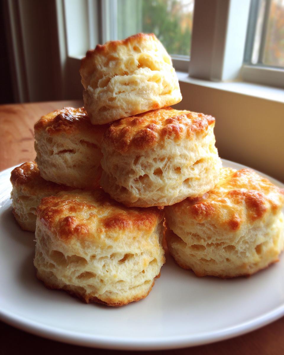 A stack of golden-brown, tall Fluffy Buttermilk Biscuits piled on a white plate near a window.