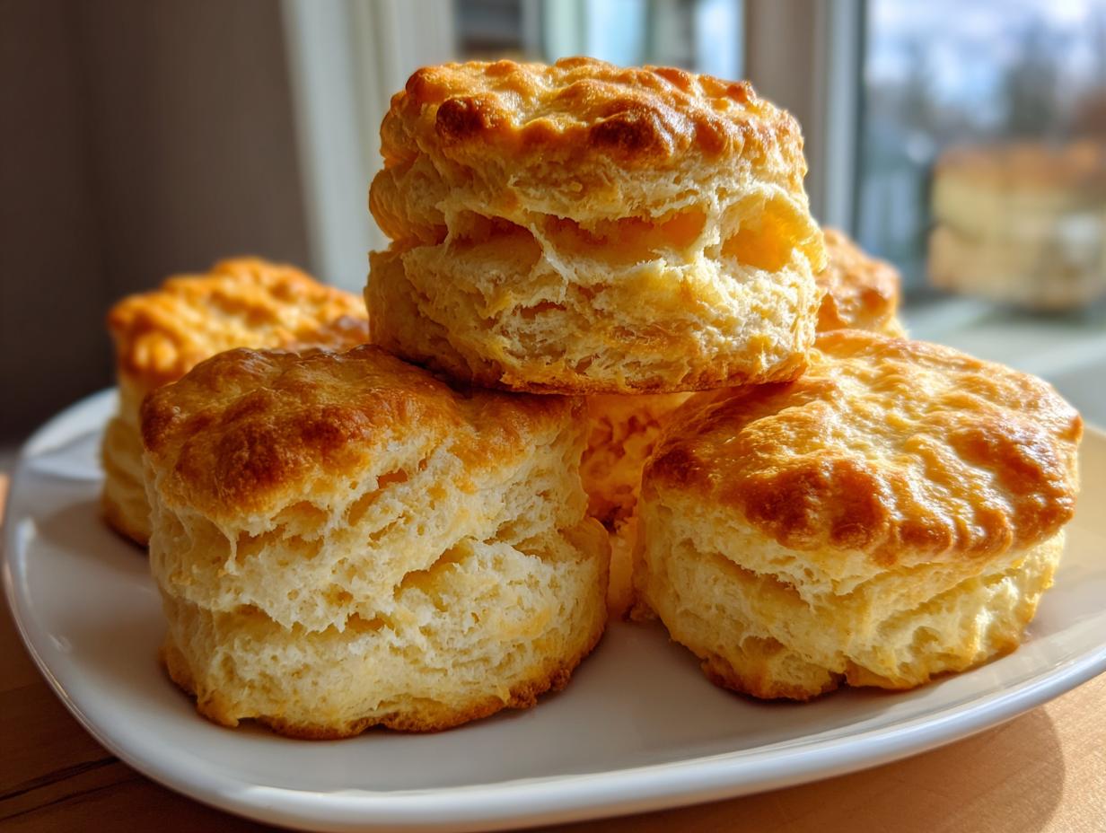 A close-up stack of golden brown, layered Fluffy Buttermilk Biscuits on a white plate.