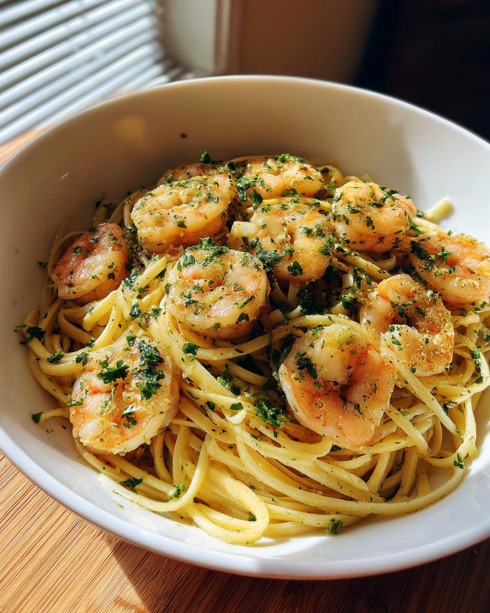 Close-up of Garlic Butter Shrimp Scampi served over a bed of linguine pasta, garnished with parsley.