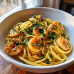 A white bowl filled with Garlic Butter Shrimp Scampi tossed with linguine pasta and garnished generously with fresh parsley.