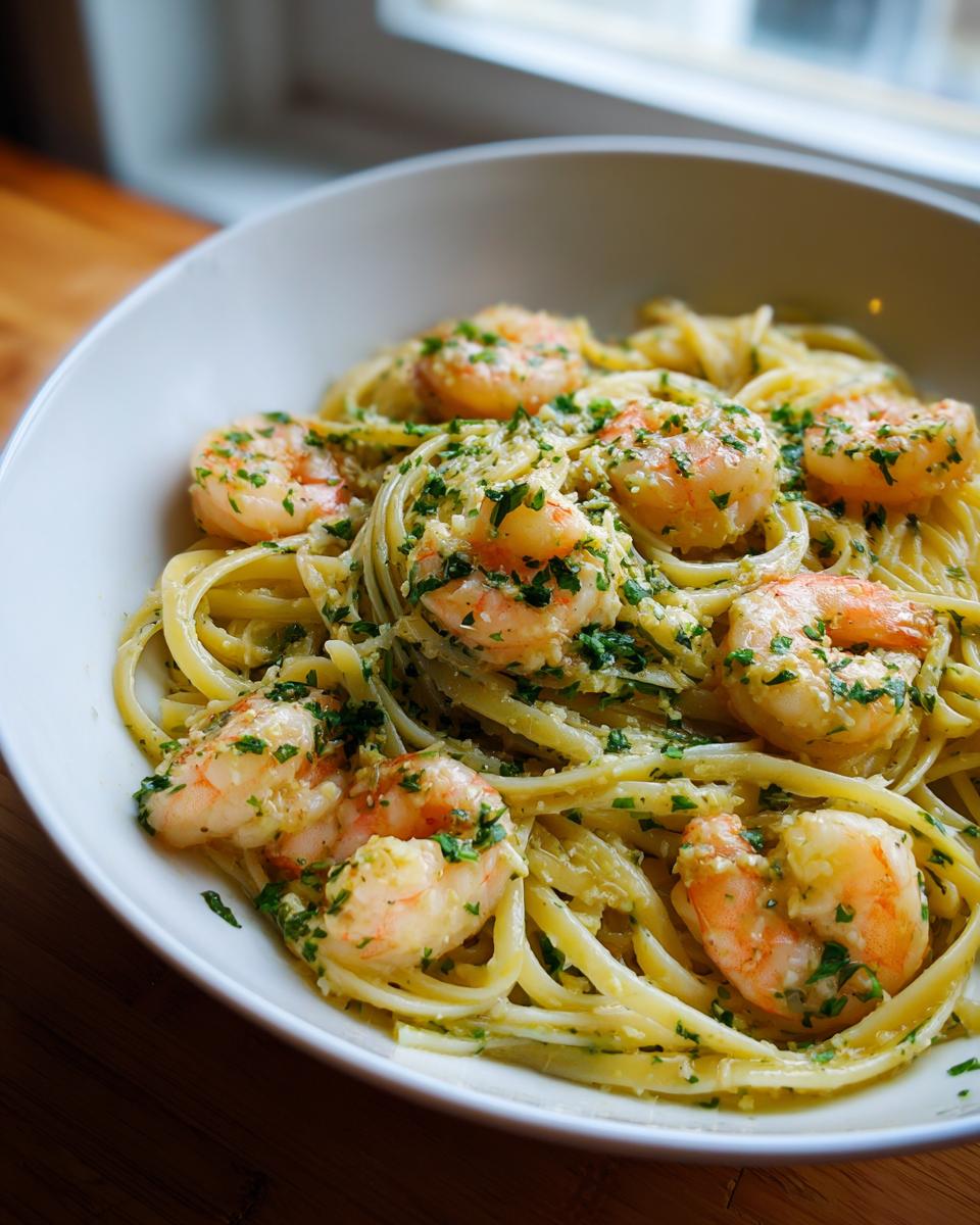 Close-up of a white bowl filled with Garlic Butter Shrimp Scampi tossed with linguine pasta and fresh parsley.