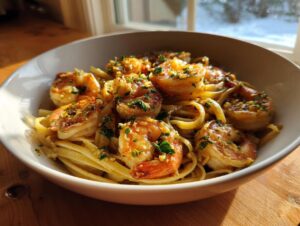 A close-up of Garlic Butter Shrimp Scampi served over linguine pasta in a white bowl, garnished with parsley.