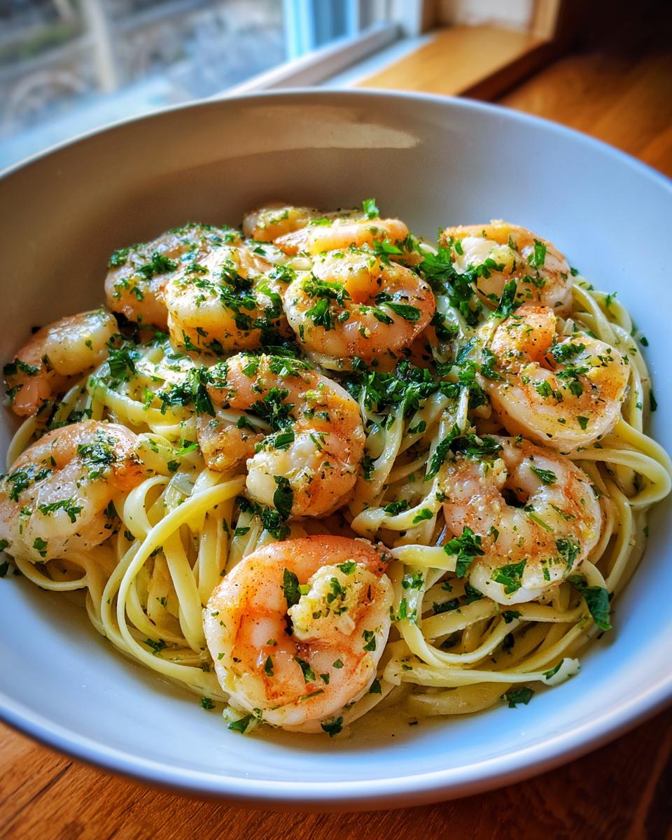Plump shrimp coated in garlic butter and parsley served over linguine pasta in a white bowl, featuring Garlic Butter Shrimp Scampi.