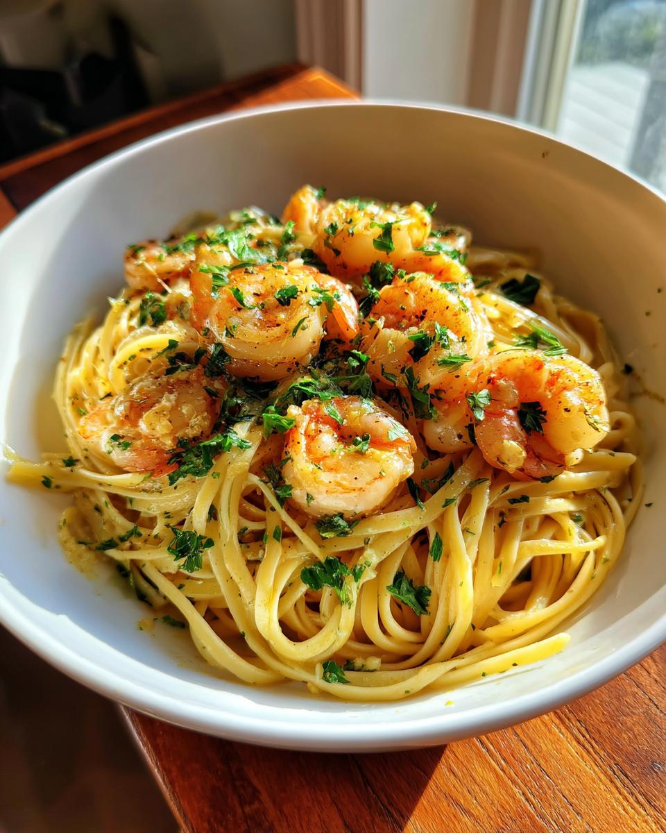 Close-up of Garlic Butter Shrimp Scampi served over linguine pasta, topped with fresh parsley.