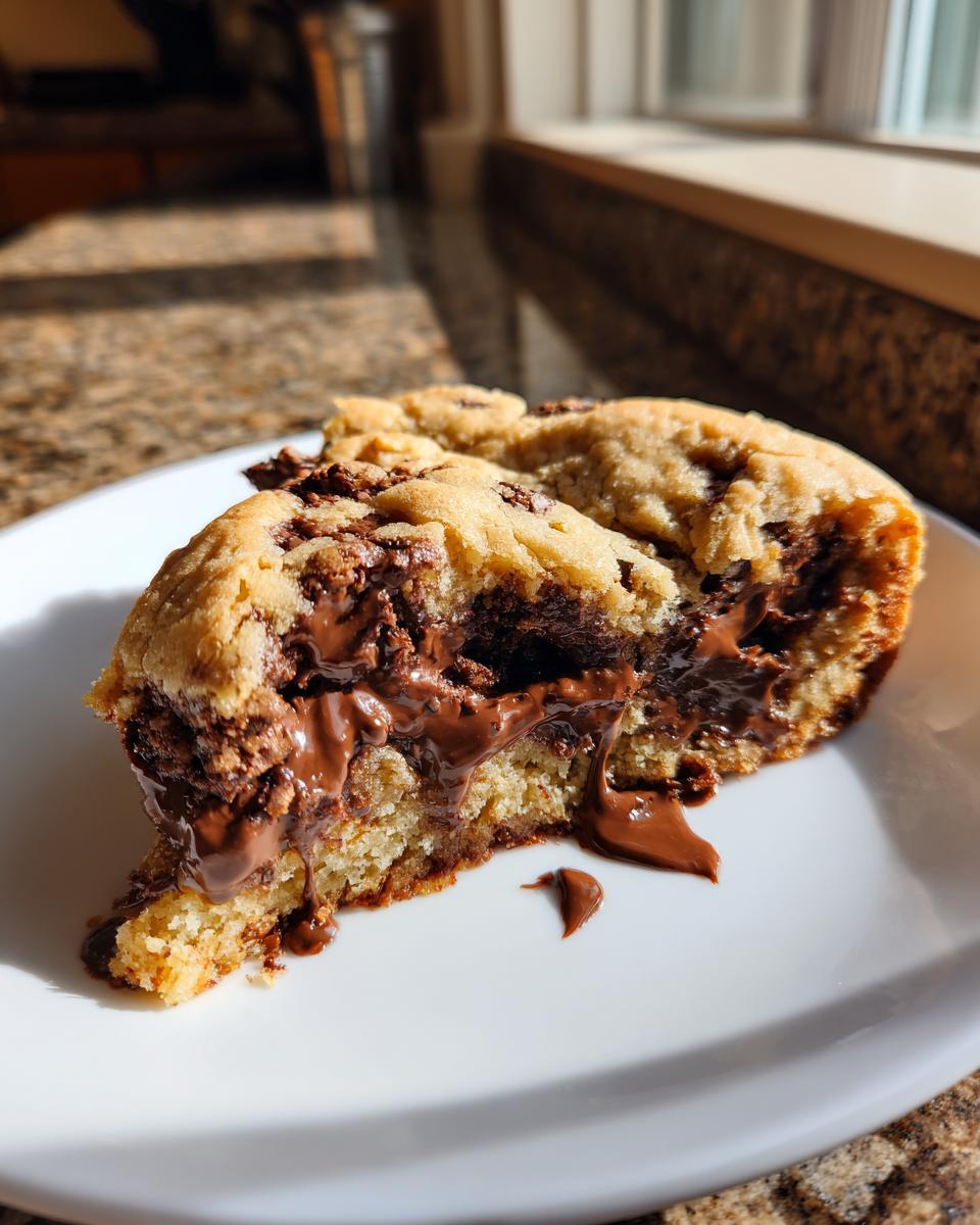 A decadent slice of Chocolate Chip Cookie Cake showing a molten, gooey chocolate center dripping onto a white plate.