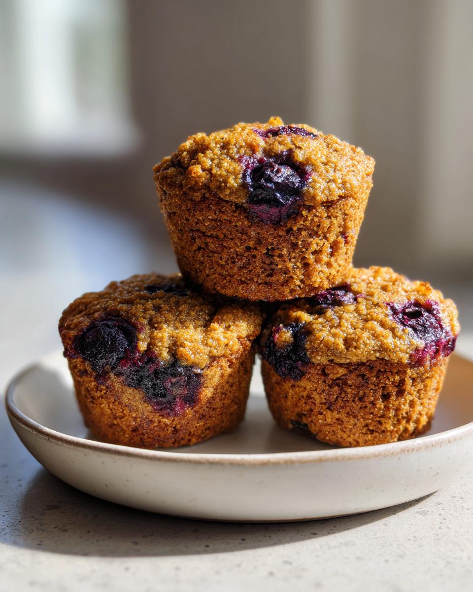 Three golden brown High Fiber Blueberry Bran Muffins stacked on a small ceramic plate, showing visible blueberries.