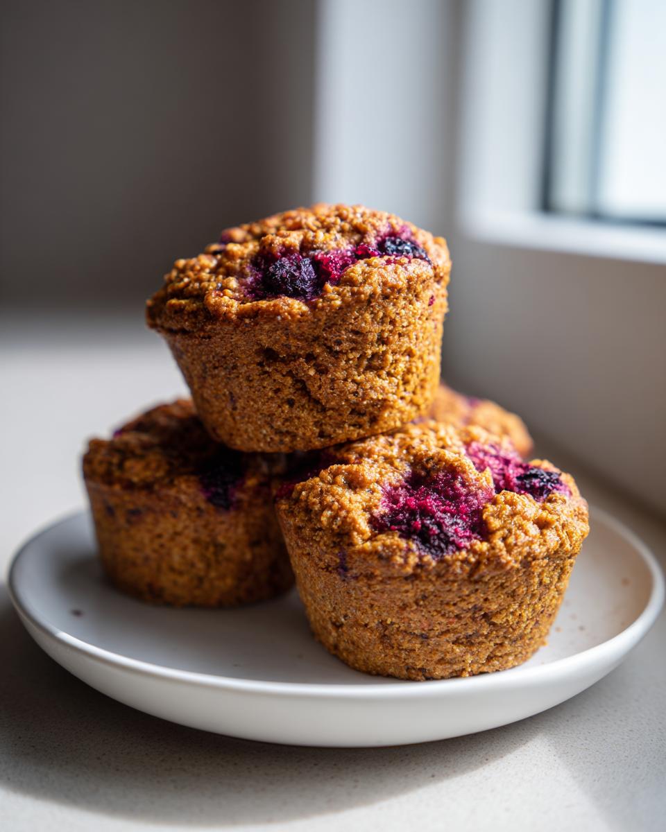A stack of three golden-brown High Fiber Blueberry Bran Muffins topped with visible blueberries, resting on a white plate.