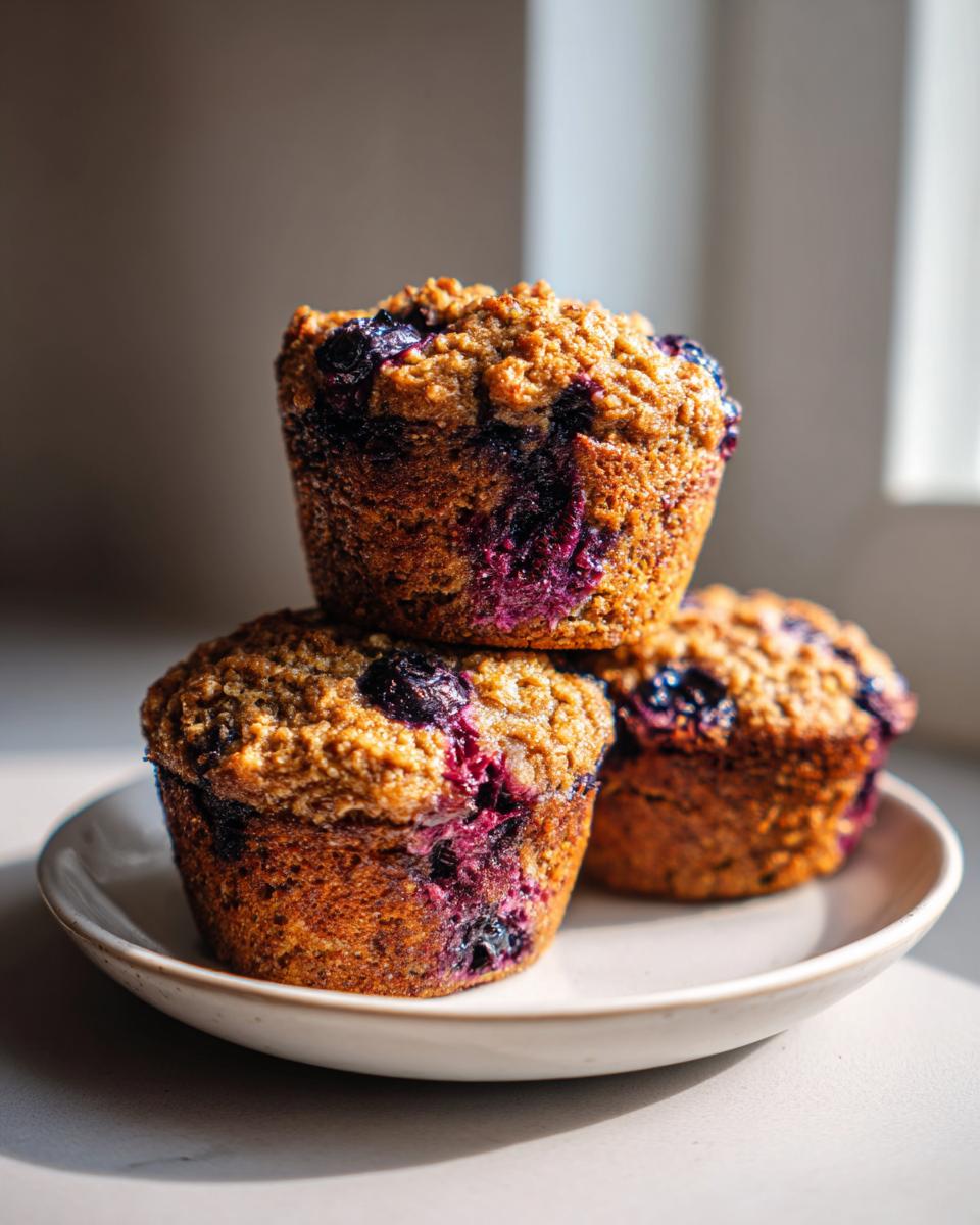Three golden brown High Fiber Blueberry Bran Muffins stacked on a small white plate, featuring visible blueberries.