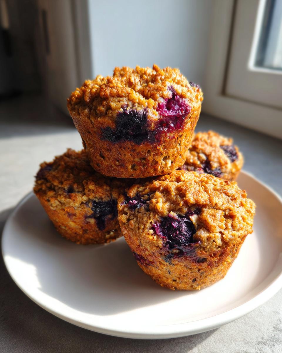 A stack of three golden-brown High Fiber Blueberry Bran Muffins with visible blueberries, resting on a white plate.