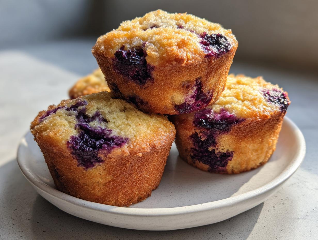Three golden-brown High Fiber Blueberry Bran Muffins stacked slightly on a small ceramic plate.