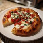 A freshly baked Homemade Margherita Pizza on a white plate with one slice slightly pulled away.