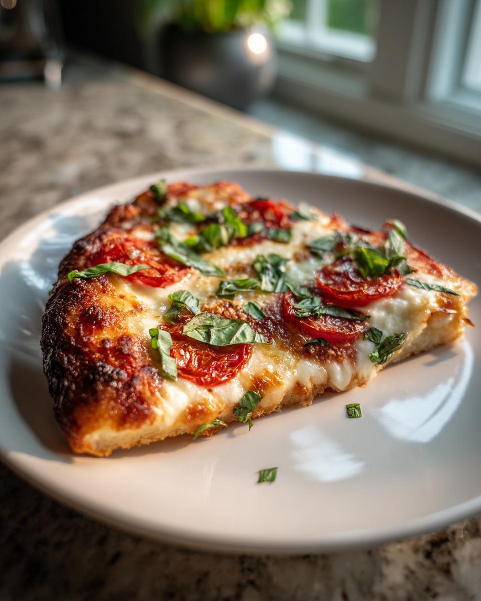 A close-up of a slice of Homemade Margherita Pizza featuring melted mozzarella, roasted tomatoes, and fresh basil.
