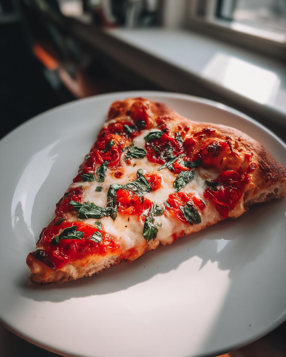 A single slice of Homemade Margherita Pizza featuring melted mozzarella, bright red tomatoes, and fresh basil on a white plate.