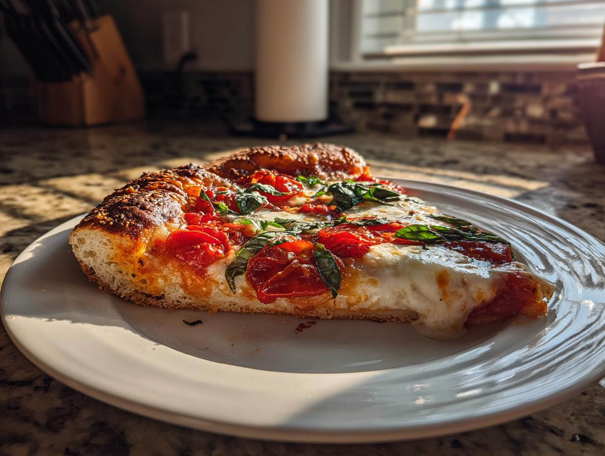 A close-up of a slice of Homemade Margherita Pizza featuring melted mozzarella, bright tomatoes, and fresh basil.