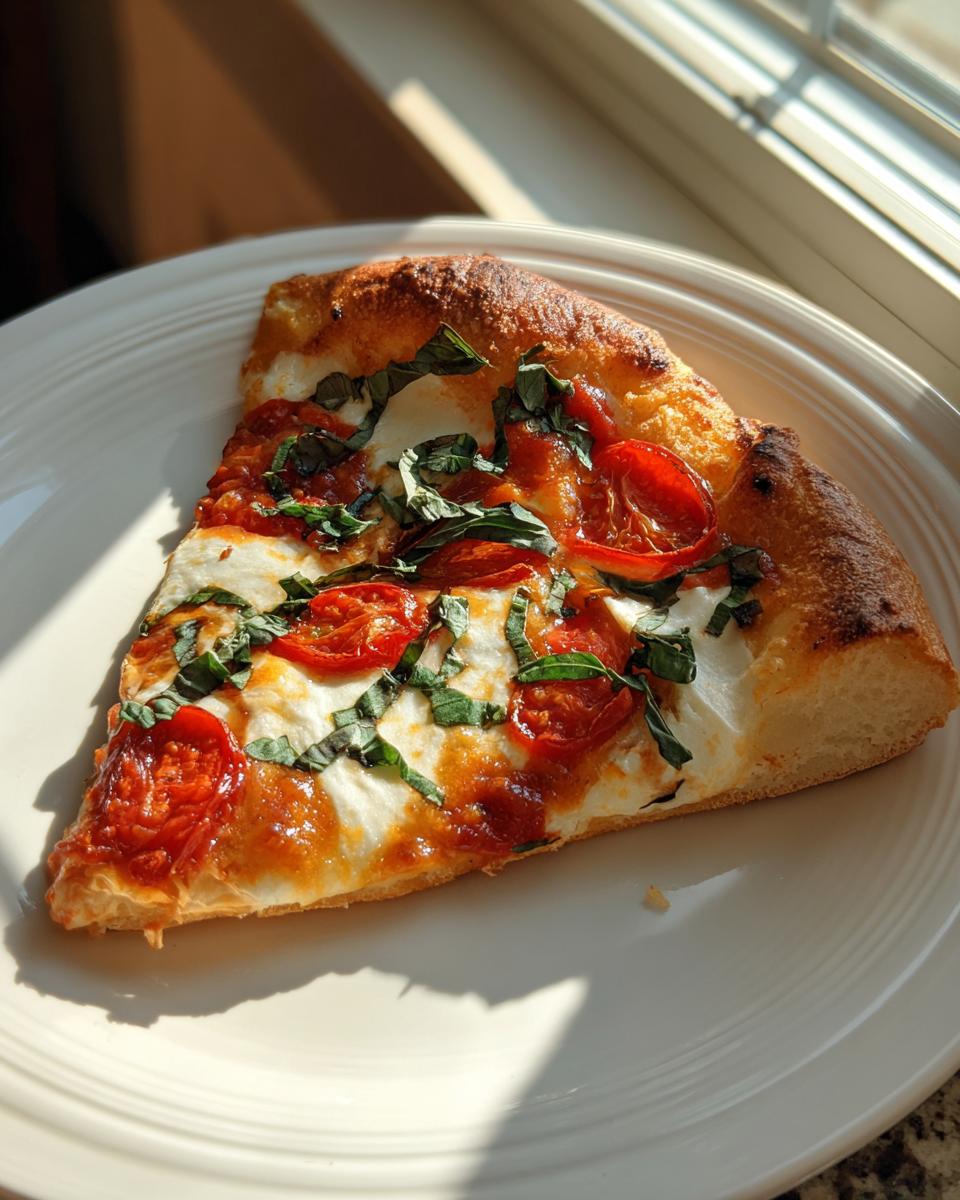 A close-up slice of Homemade Margherita Pizza featuring melted mozzarella, bright red tomatoes, and fresh basil on a white plate.
