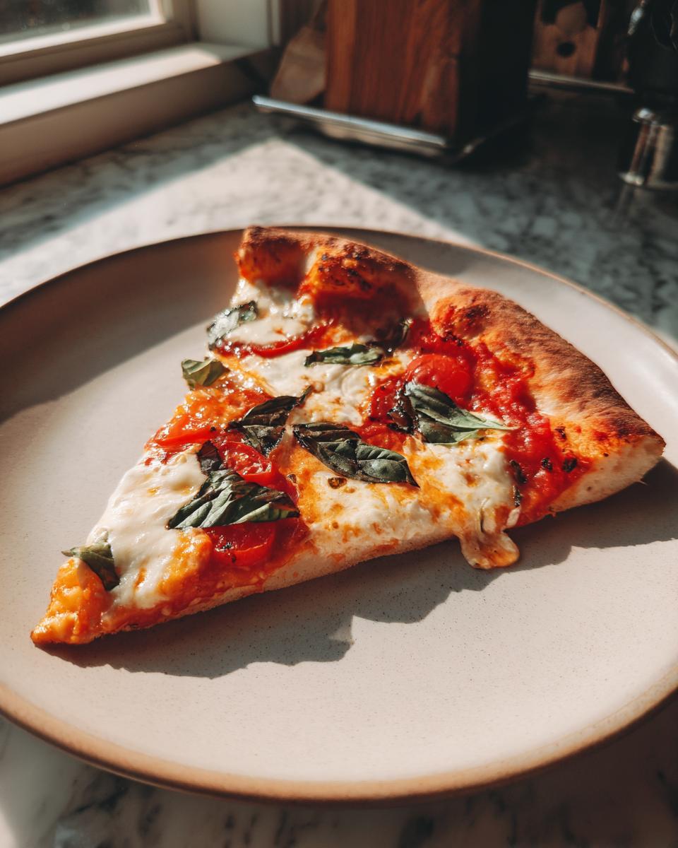 A single slice of Homemade Margherita Pizza featuring melted mozzarella, bright tomato sauce, and fresh basil leaves.