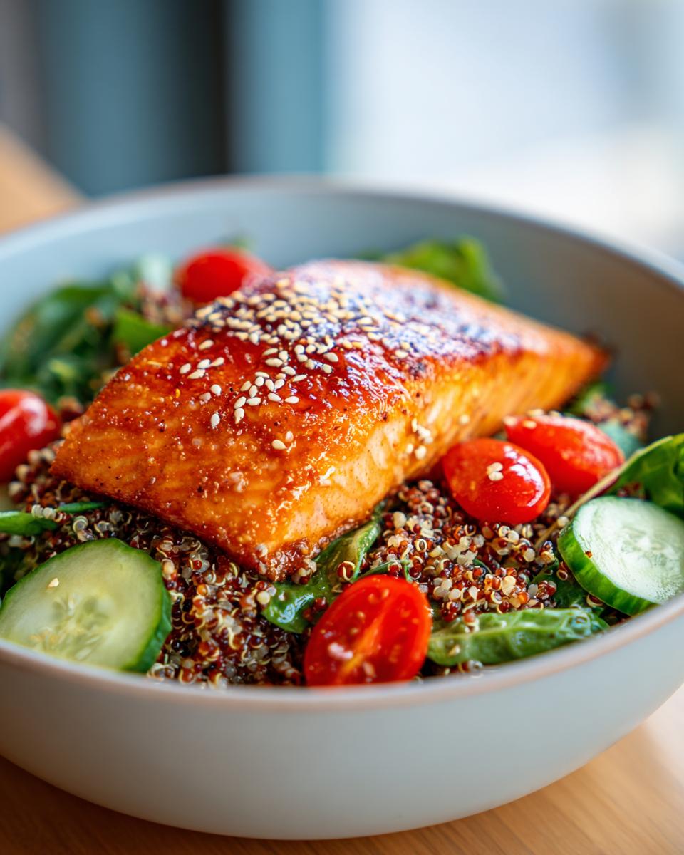 A close-up of a Honey Glazed Salmon Bowl featuring a glazed salmon fillet topped with sesame seeds over quinoa, spinach, cherry tomatoes, and cucumber slices.