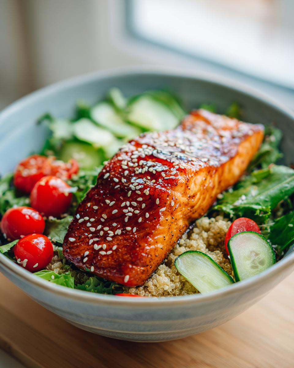 A close-up of a vibrant Honey Glazed Salmon Bowl featuring a piece of glazed salmon over quinoa, surrounded by greens, cherry tomatoes, and cucumber slices.