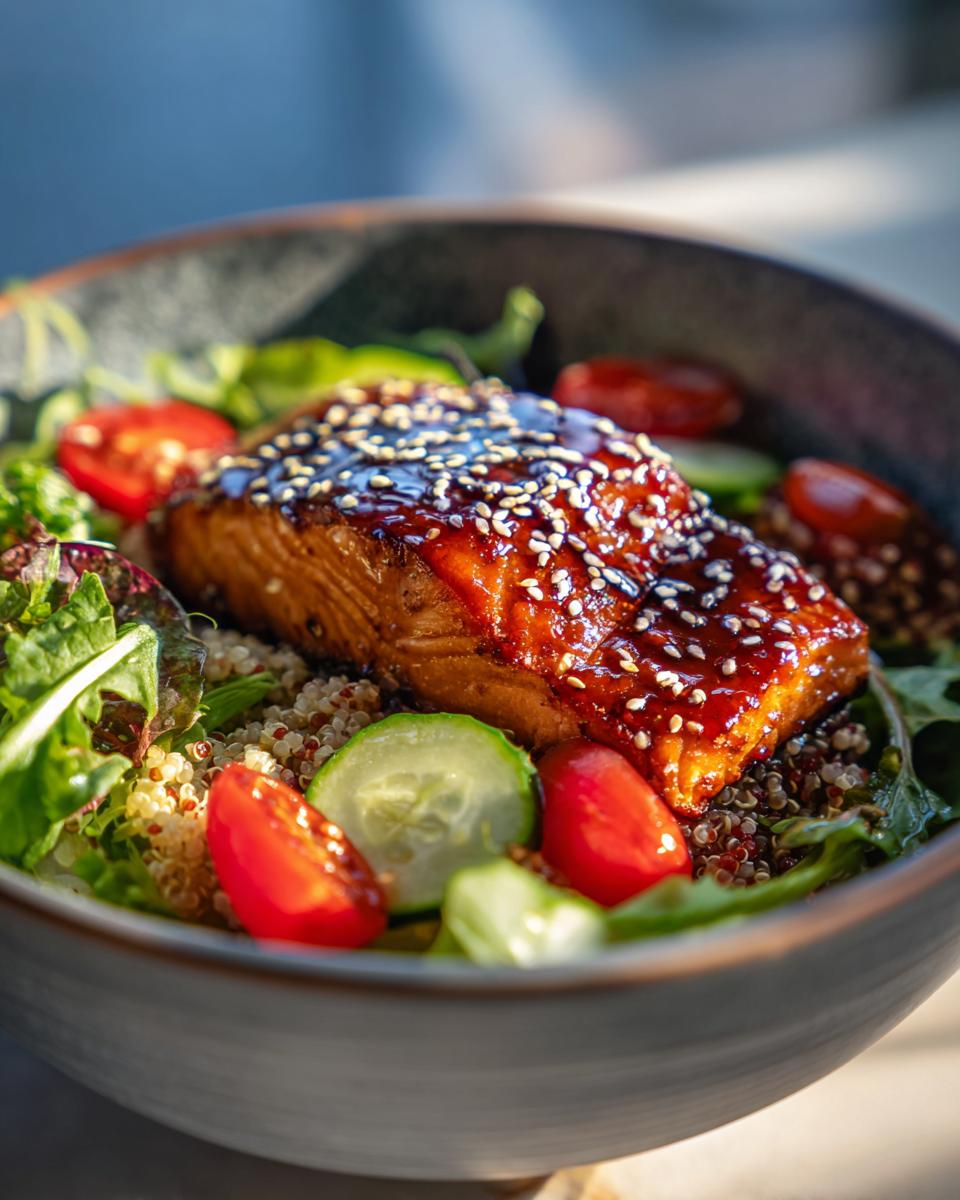 Close-up of a perfectly cooked Honey Glazed Salmon Bowl featuring a sesame-topped salmon fillet over quinoa, greens, and cherry tomatoes.