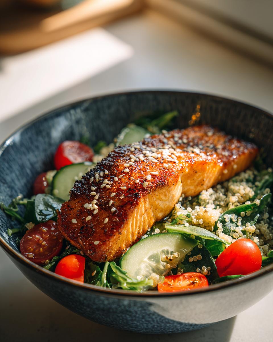 Close-up of a perfectly cooked Honey Glazed Salmon Bowl featuring salmon topped with sesame seeds over quinoa, spinach, cucumbers, and cherry tomatoes.