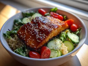Close-up of a Honey Glazed Salmon Bowl featuring a perfectly cooked salmon fillet topped with sesame seeds over quinoa, greens, cucumbers, and tomatoes.