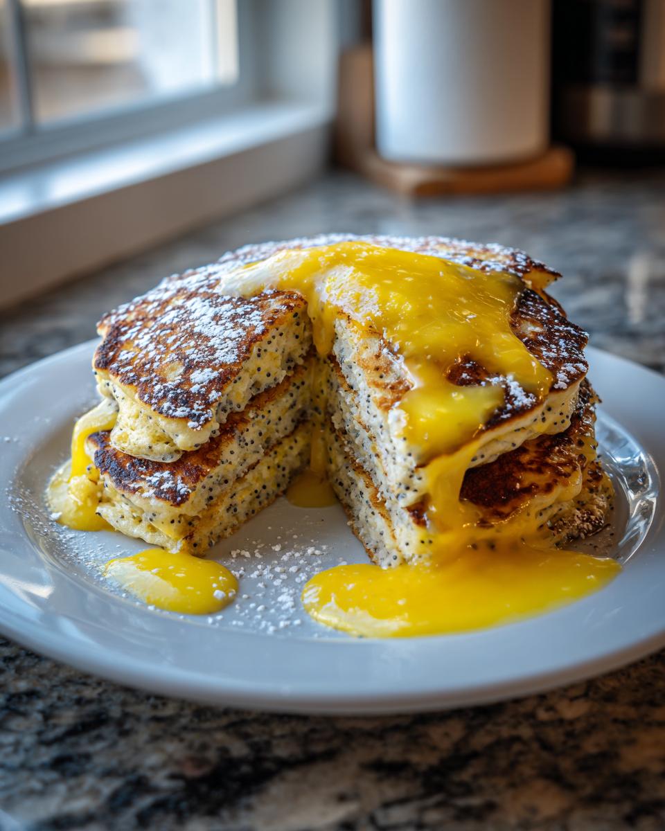 A tall stack of fluffy Lemon Poppy Seed Pancakes topped with bright yellow lemon curd and powdered sugar.