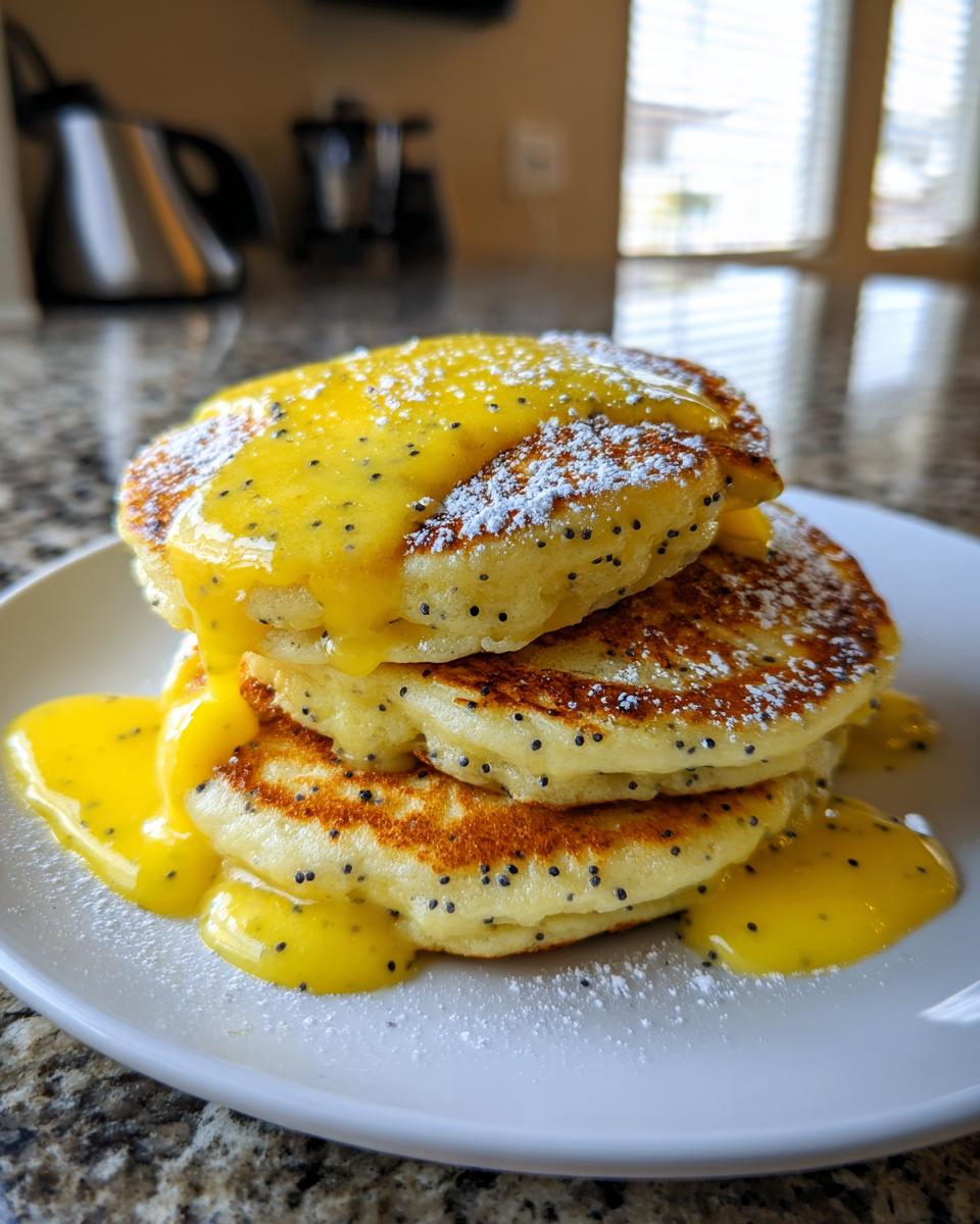 A stack of three fluffy Lemon Poppy Seed Pancakes drizzled generously with bright yellow lemon sauce and dusted with powdered sugar.
