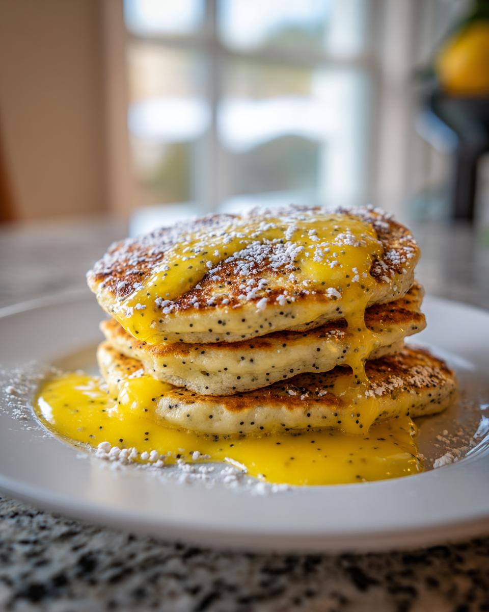 A stack of three fluffy Lemon Poppy Seed Pancakes drizzled with bright yellow lemon glaze and dusted with powdered sugar.