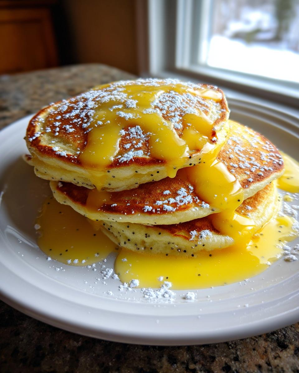 A stack of three fluffy Lemon Poppy Seed Pancakes drizzled with bright yellow lemon glaze and dusted with powdered sugar.