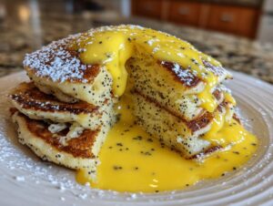 A stack of fluffy Lemon Poppy Seed Pancakes cut in half, drizzled heavily with bright yellow lemon sauce and dusted with powdered sugar.