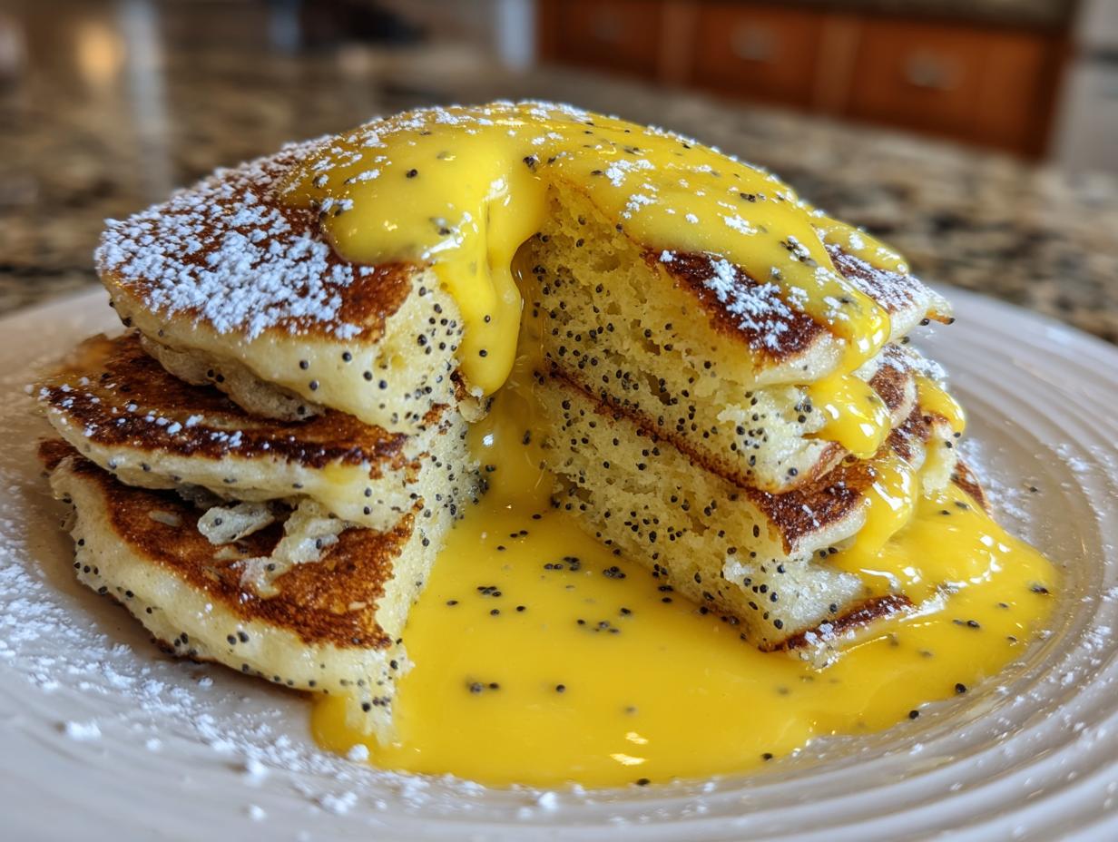 A stack of fluffy Lemon Poppy Seed Pancakes cut in half, drizzled heavily with bright yellow lemon sauce and dusted with powdered sugar.