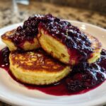 Close-up of fluffy Lemon Ricotta Pancakes topped generously with dark blueberry sauce and lemon zest.