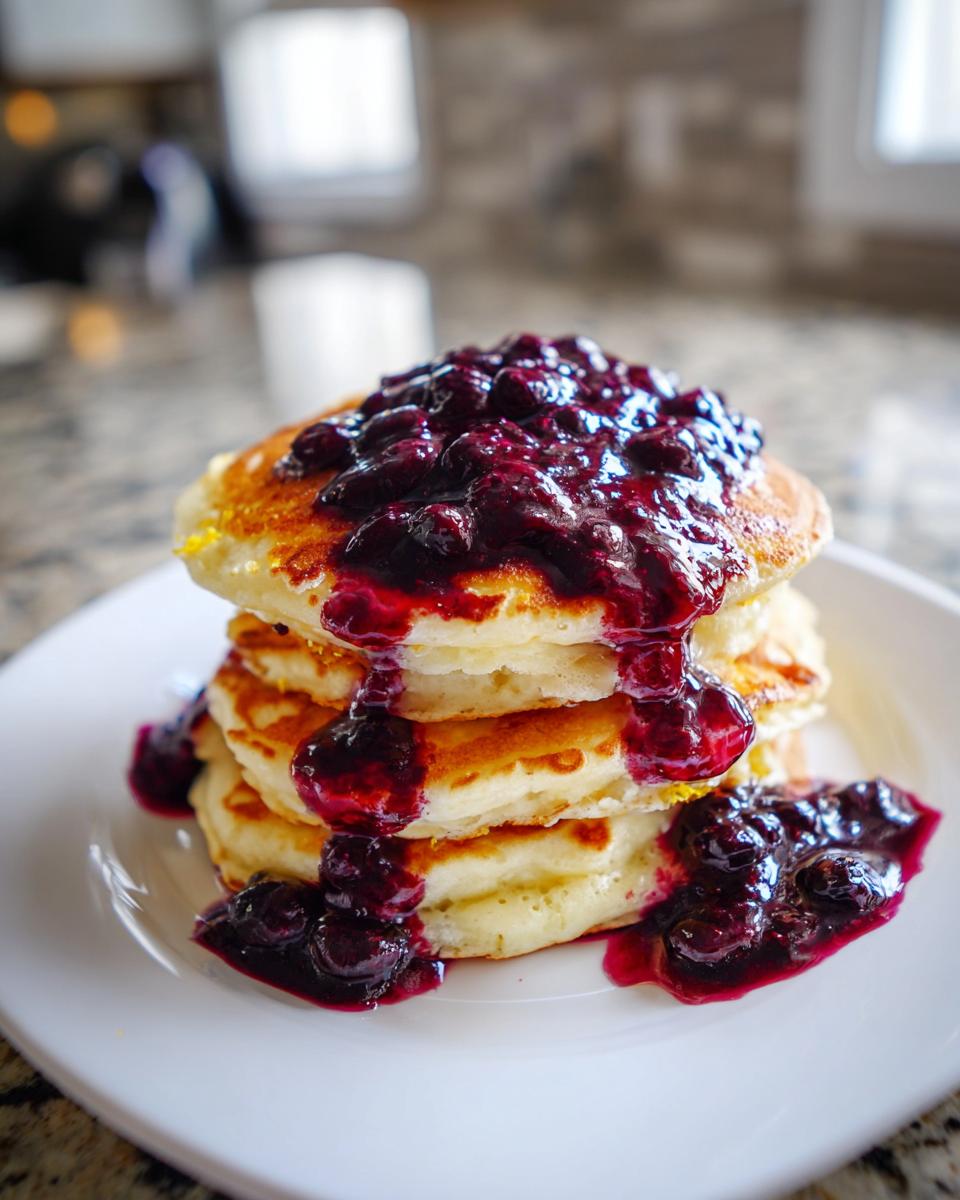 A tall stack of fluffy Lemon Ricotta Pancakes topped generously with rich, dark blueberry sauce.