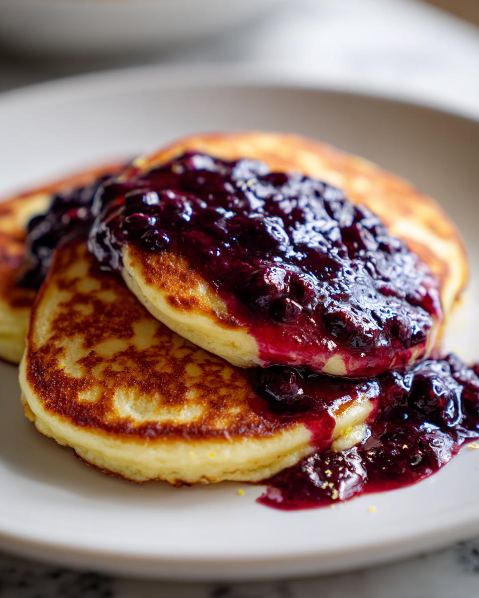 Close-up of fluffy Lemon Ricotta Pancakes topped generously with dark, homemade blueberry sauce.