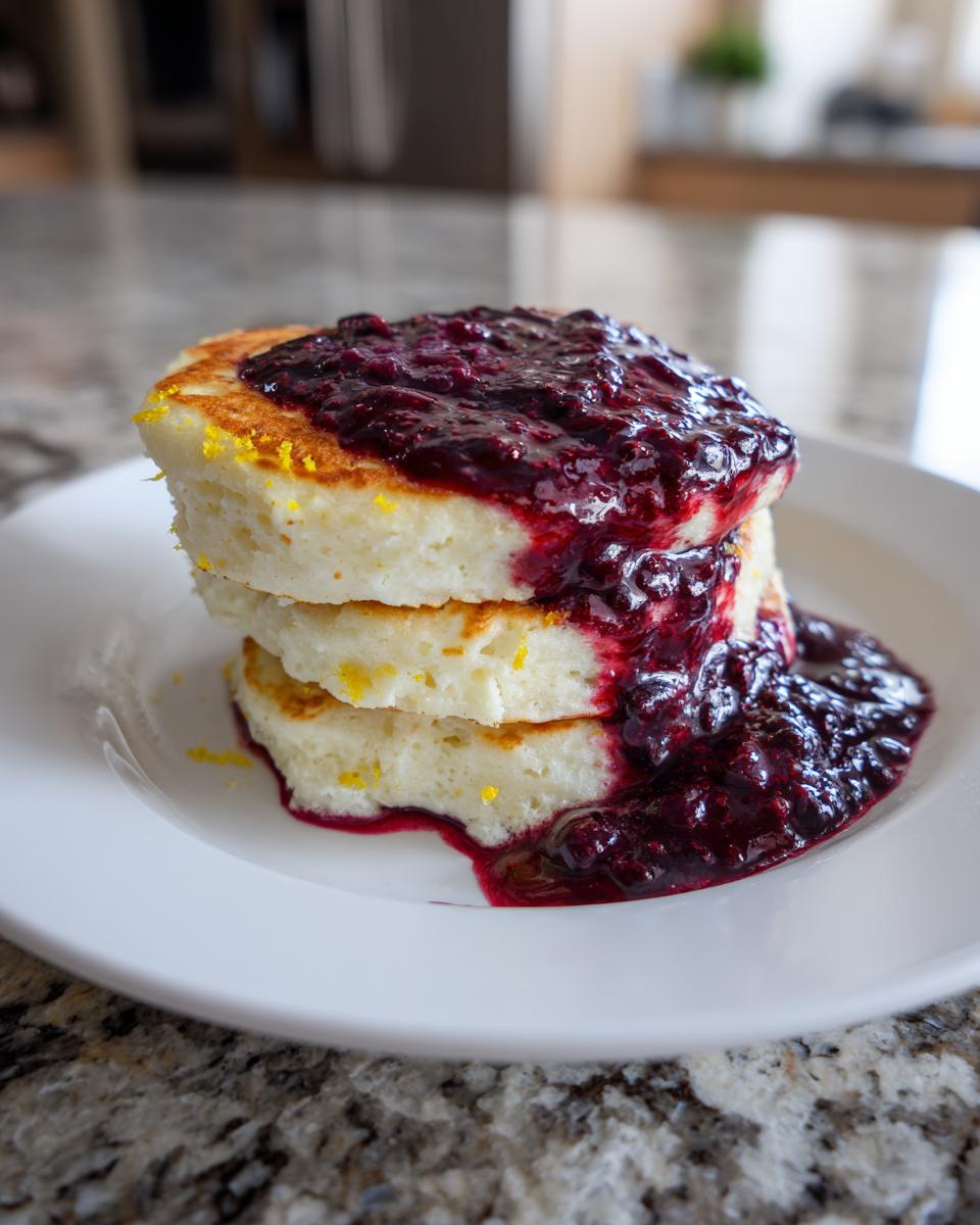 Stack of three fluffy Lemon Ricotta Pancakes topped generously with dark purple blueberry sauce.