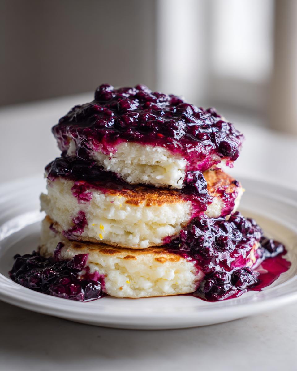 A stack of three thick Lemon Ricotta Pancakes topped generously with rich blueberry sauce.