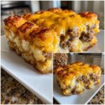 A square serving of Loaded Breakfast Tater Tot Casserole with a crispy tater tot crust and melted cheddar cheese topping.