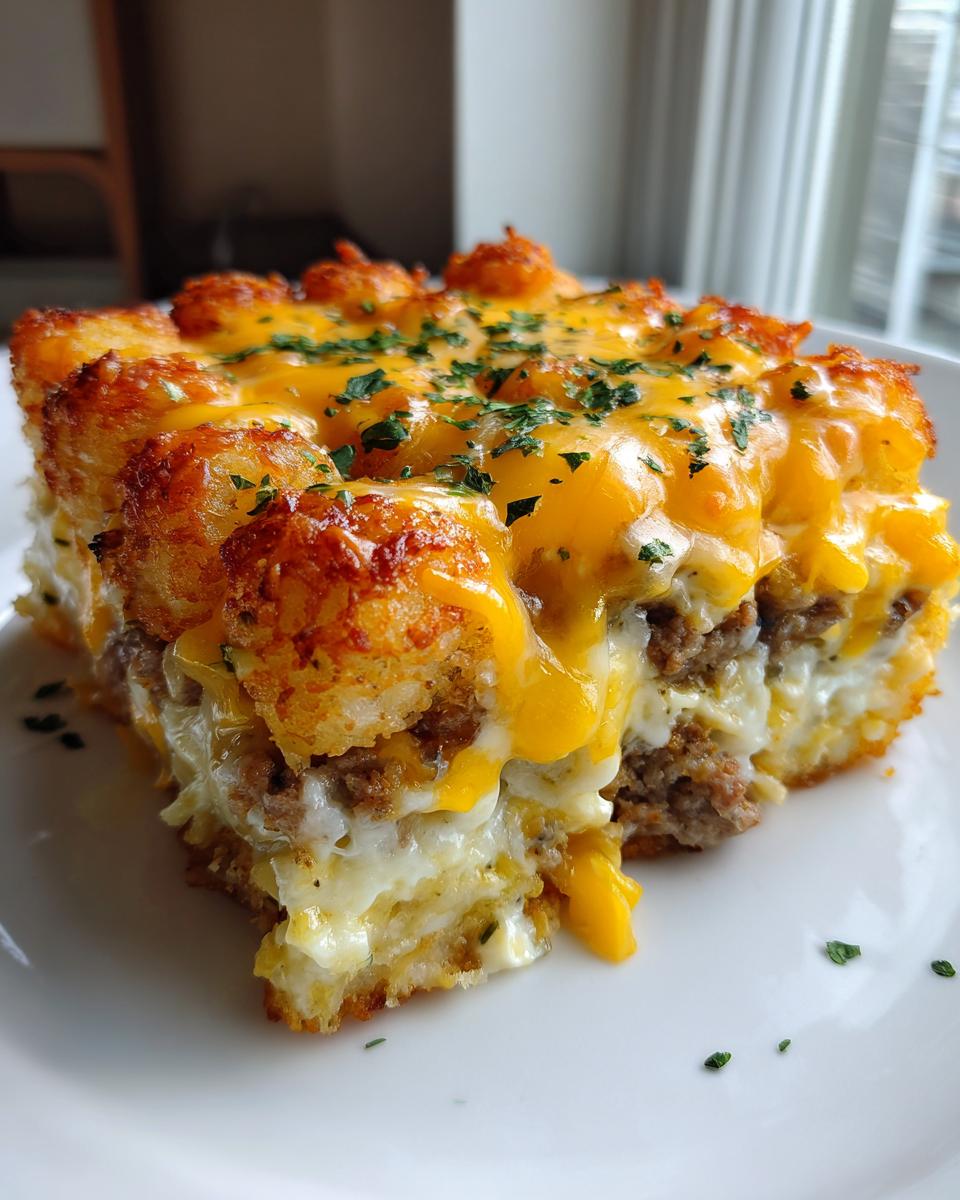 A close-up slice of Loaded Breakfast Tater Tot Casserole featuring crispy tots, sausage, eggs, and melted cheddar cheese.