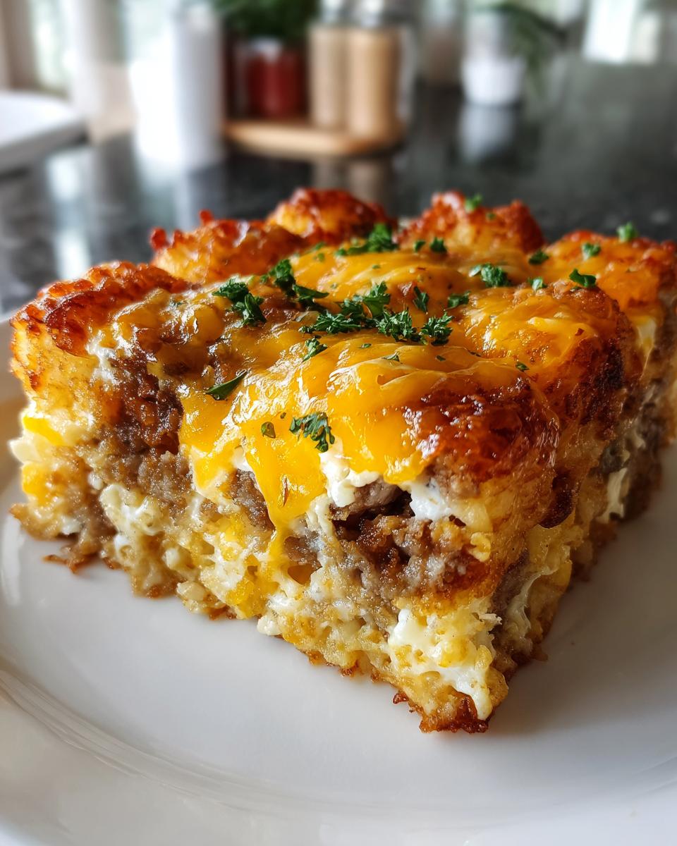 Close-up of a hearty slice of Loaded Breakfast Tater Tot Casserole topped with melted cheddar cheese and parsley.