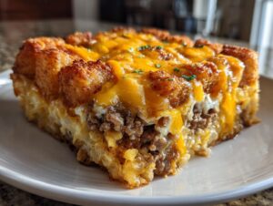 A hearty slice of Loaded Breakfast Tater Tot Casserole featuring crispy tater tots, ground meat, eggs, and melted cheddar cheese.
