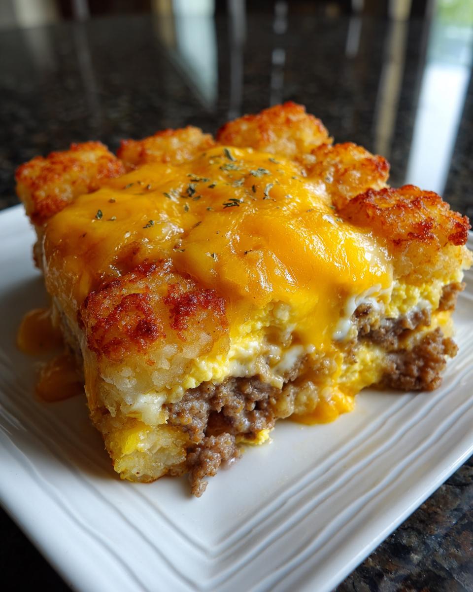A close-up of a hearty slice of Loaded Breakfast Tater Tot Casserole featuring layers of tater tots, sausage, eggs, and melted cheddar cheese.