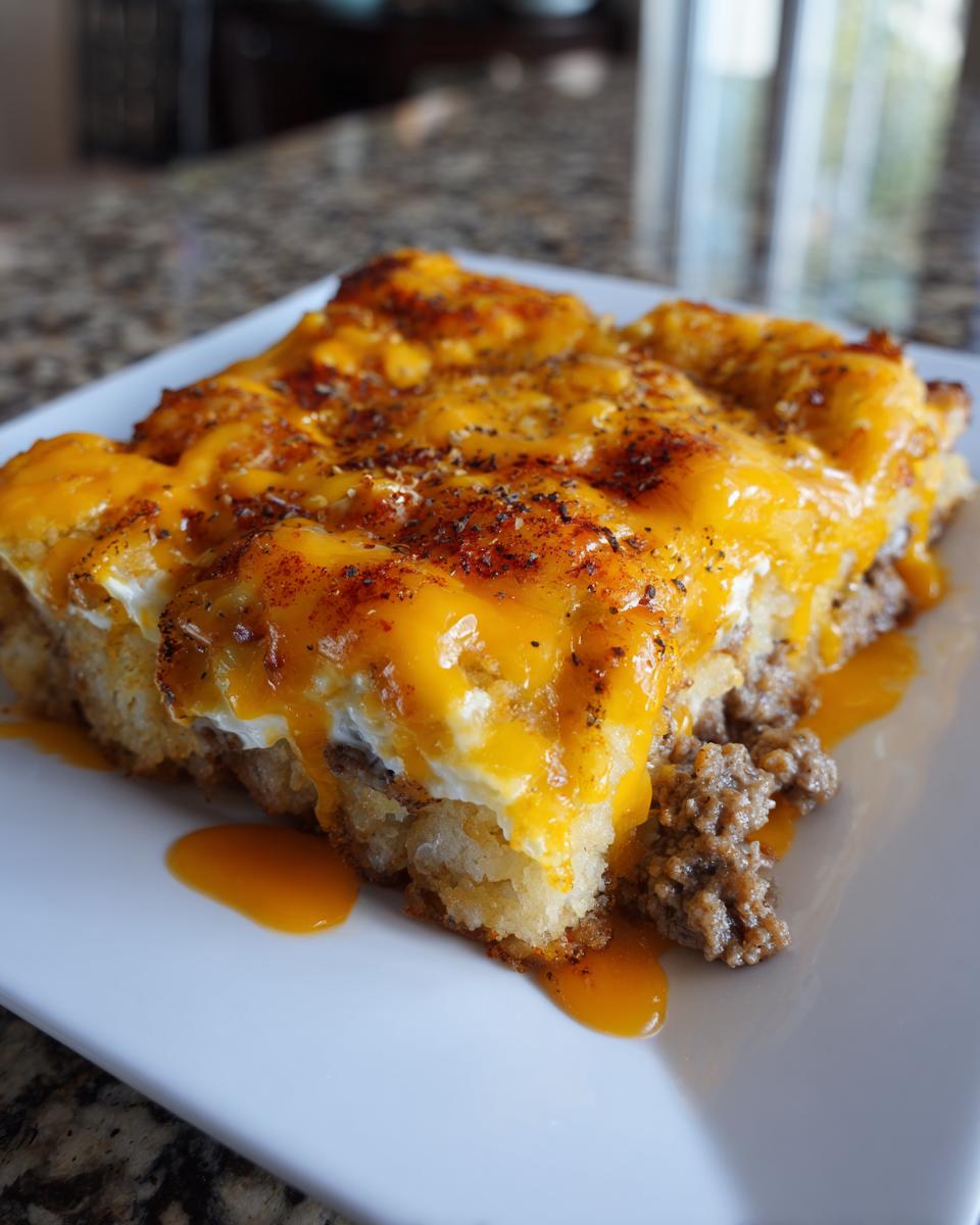 A square serving of Loaded Breakfast Tater Tot Casserole topped with melted cheddar cheese and spices.