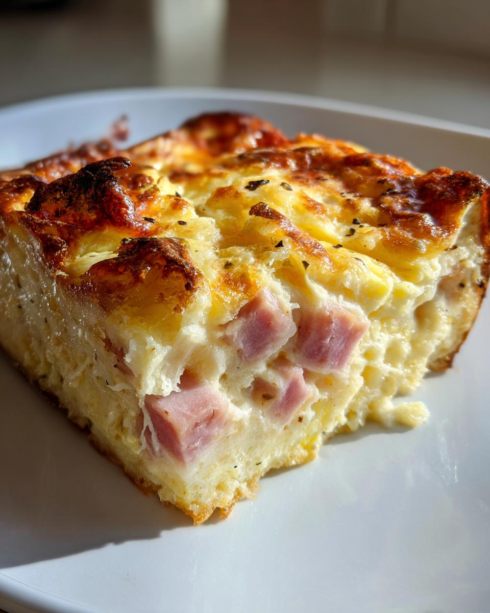 Close-up of a golden-brown slice of Make Ahead Ham and Swiss Brunch Bake with visible chunks of ham.