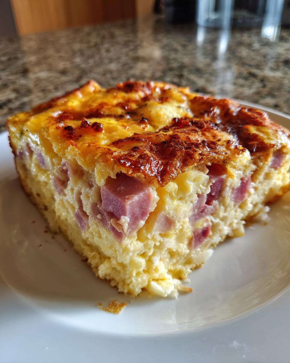 Close-up of a square slice of Make Ahead Ham and Swiss Brunch Bake with visible chunks of ham in an egg custard.