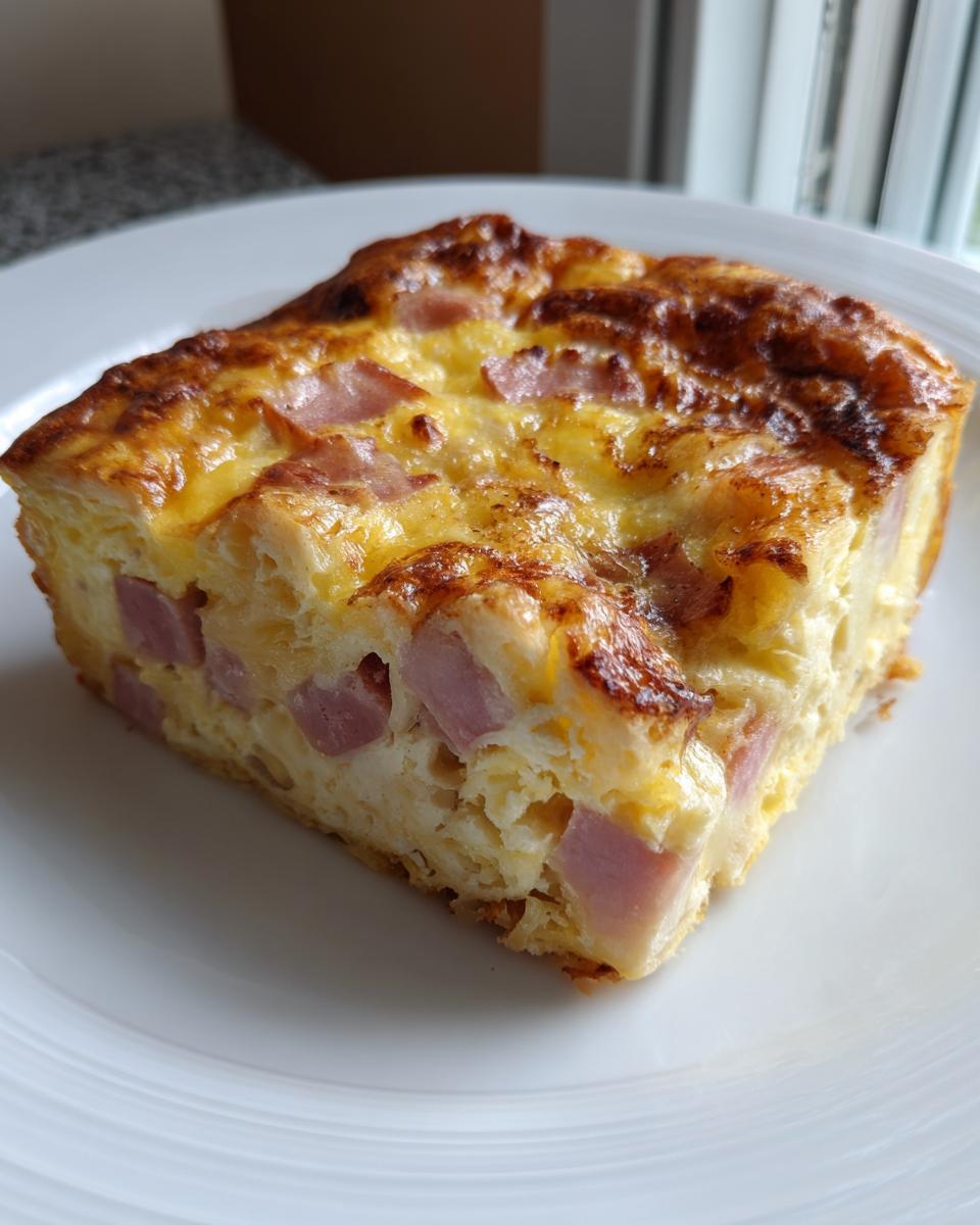 A close-up of a square slice of Make Ahead Ham and Swiss Brunch Bake on a white plate.